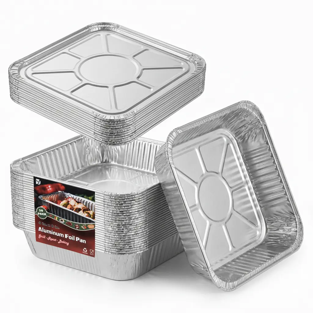 Upgraded Extra Thick 30 Pack 8x8 Aluminum Foil Pans with Lids, Reinforced Leakproof Trays for Baking, BBQ Grilling, Meal Prep & Cold Storage, Oven/Air Fryer/Fridge Compatible