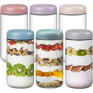 6-pack 24 ounce sealed glass jar, overnight oat box with lid, wide mouth Mason salad jar, glass food storage container, snacks, yogurt, spice candy