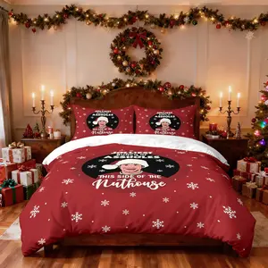 Christmas themed 3-piece set (1 duvet cover+2 pillowcases, no core) "Crazy Christmas Holiday", snowflake, Santa Claus element printed duvet cover set, soft and comfortable bedding set, suitable for all room decorations, suitable as a gift