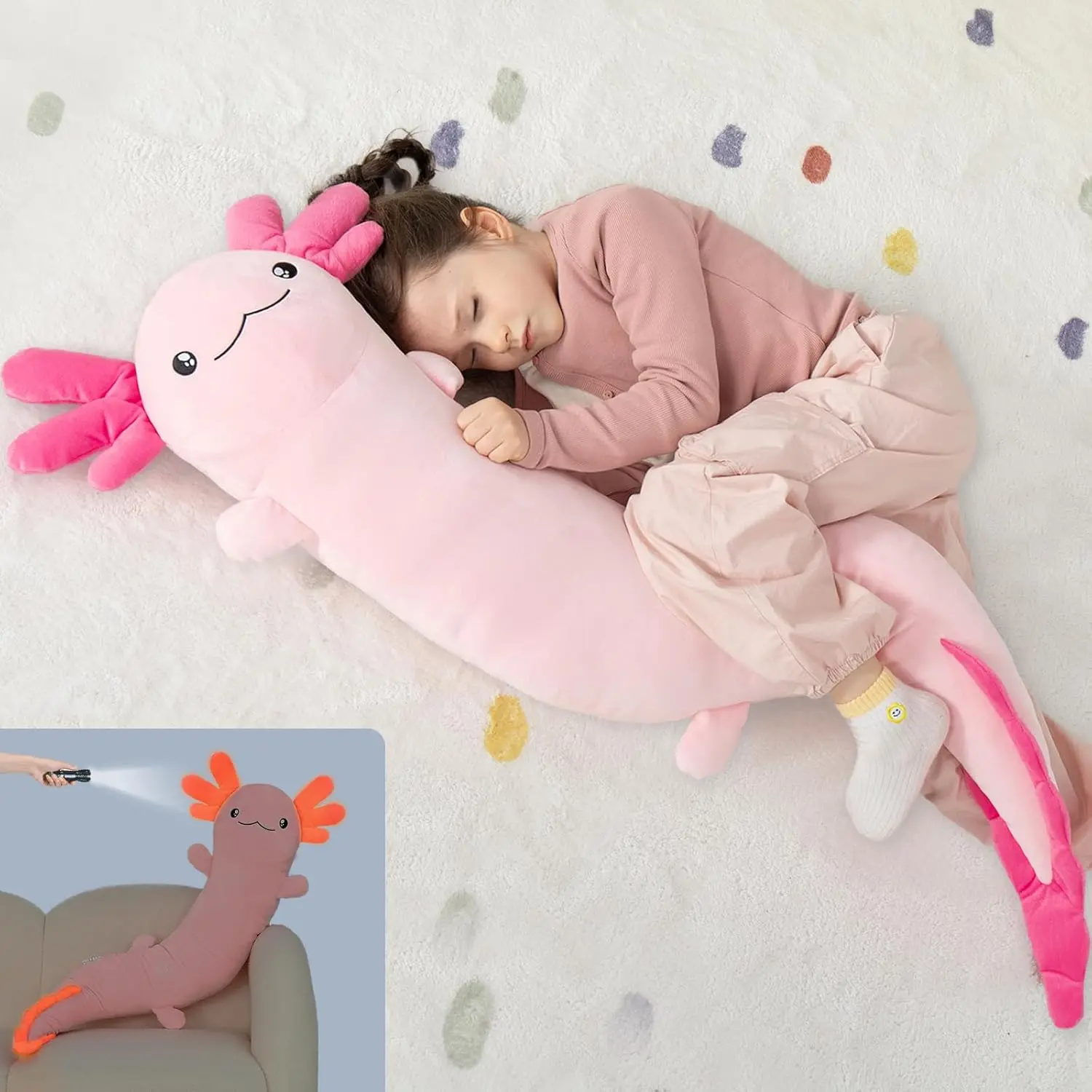Tezituor 48 inch Giant Axolotl Plush Body Pillow for Girls,Large Salamander Plush Glow in The Dark, Hot Pink Blue Green Axolotl Stuffed Animal for Kids Adults, cute girly gifts,  Glow in The Dark ,Birthday Gift