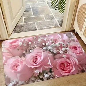 Pink Roses Non-Slip Area Mat Machine Washable Floral Design Indoor Floor Mat for Entryway Hallway Bedroom Living Room Laundry Room Washable Area Mat
