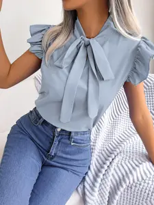 Women's Plain Ruffle Trim Tie Neck Fitted Blouse, Summer Clothes Women, Butterfly Sleeve Cap Sleeve Top for Summer, Women's Clothing for Daily Wear, Shirts