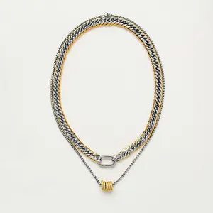 Milan Stack Necklace 18K Gold Two Tone Layered Chain (17.7” & 19.7”)