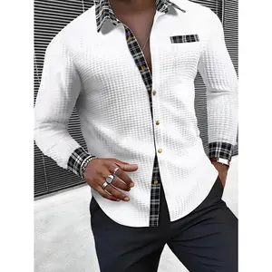 Men's Textured Waffle Grid Spliced Long-Sleeved Outdoor Casual Shirt with Metal-Design Buttons