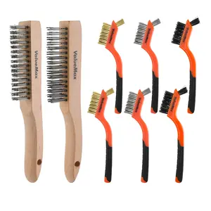 ValueMax Wire Brush Set, 8Pcs Stainless Steel/Brass/Nylon Bristles with Curved Handle Grip, Heavy Duty Stainless Steel Wire Scratch Brush with Beechwood Handle for Rust, Dirt and Paint Cleaning