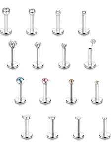 Cute 16 Pcs Silvery Tiny Piercing Studs Surgical Steel Threadless Push in Lip Rings for Women Men Fashionable Labret Jewelry Monroe Lip Rings Nail Cartilage Tragus Helix Earrings I Shaped Nose Studs Medusa Piercing Jewelry Set