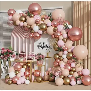 Rose Gold Balloon Garland Kit, Nude Pastel Pink Metallic Gold Matte White Balloons Gold and Rose Gold Confetti Balloons for Valentines Day Wedding Bridal Shower Party Girl Birthday Decorations