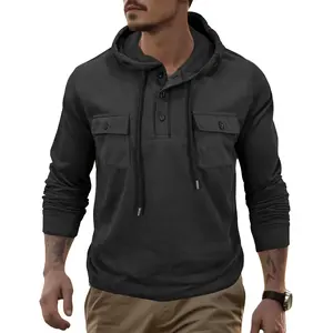 Men's Henley Hoodie Long Sleeve Pullover Casual Half-Button Sweatshirt with Pockets Classic Cotton Blend for Everyday Comfort and Style Breathable Athletic Moisture-Wicking