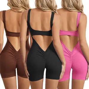 Women's Athletic Fitness Romper Shorts Solid Color One-Piece Jumpsuit Slimming Booty Lift Yoga Bodysuit