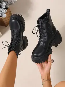 Women's Fashion Mid-Calf Boots Wedge Work Boots, PU Leather Round Toe Casual Shoes, Rubber Sole All Season Wearable Outdoor Daily Use