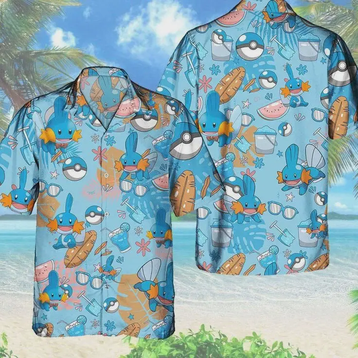 Aloha Anime Mudkip Button Up Shirt, Mudkip Hawaiian Pattern Hawaii Shirt