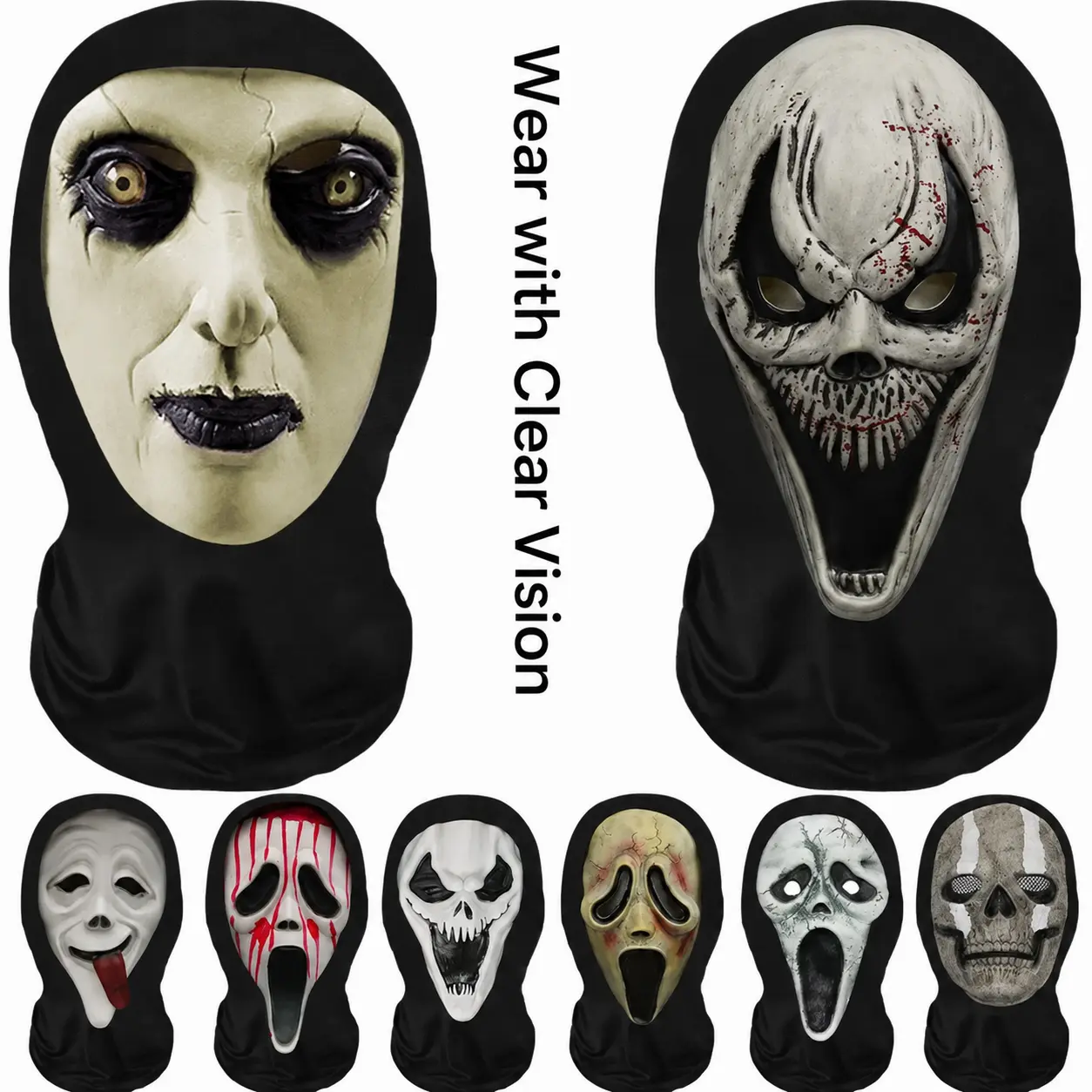 Scary White Ghost Mask with Black Hood – Halloween 2026 Horror Costume & Party Cosplay Accessory