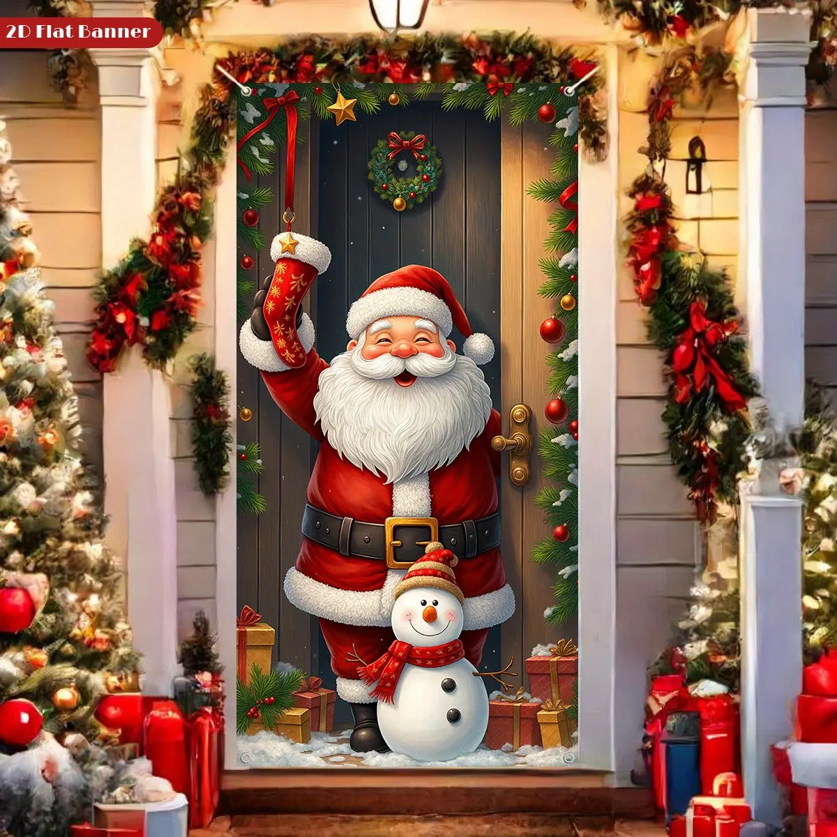 2D Flat 1pc Christmas Theme Door Banner, Durable Polyester, 70.8x35.4 Inches, Easy Install & Clean, Ideal for Home Entrance & Outdoor Christmas Decor, Santa Claus Decor