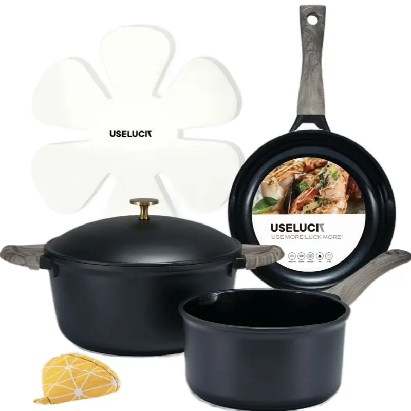 ￼ USELUCK 3-Piece Nonstick Cookware Set, PFOA/PTFE-Free Healthy Ceramic Coating for Fast Even Heating & Easy Clean. Includes 5 Qt Soup Pot with Aluminum Lid, 2.25 Qt Saucepan & 9.5" Fry Pan. Induction Compatible.