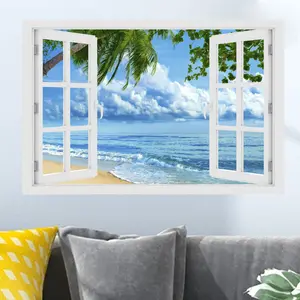 1 Set of fake window sea view decoration stickers, coconut tree beach window view wall stickers, self-adhesive and detachable PVC material Suitable for room decoration, wall wallpaper, bedroom decoration, wall decoration, home decoration