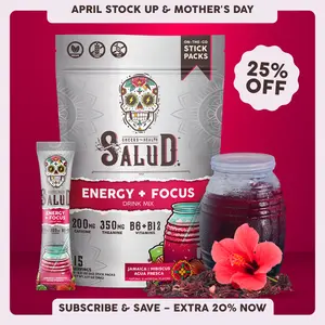 Salud 2-in-1 [Energy + Focus – Jamaica | Hibiscus] Clean Energy Drink Mix, Agua Fresca, Organic Caffeine, B6 & B12, L-Theanine, Drink Packets, Non-GMO, Gluten Free, Vegan, Low Calorie, 1g Sugar (15 Servings)