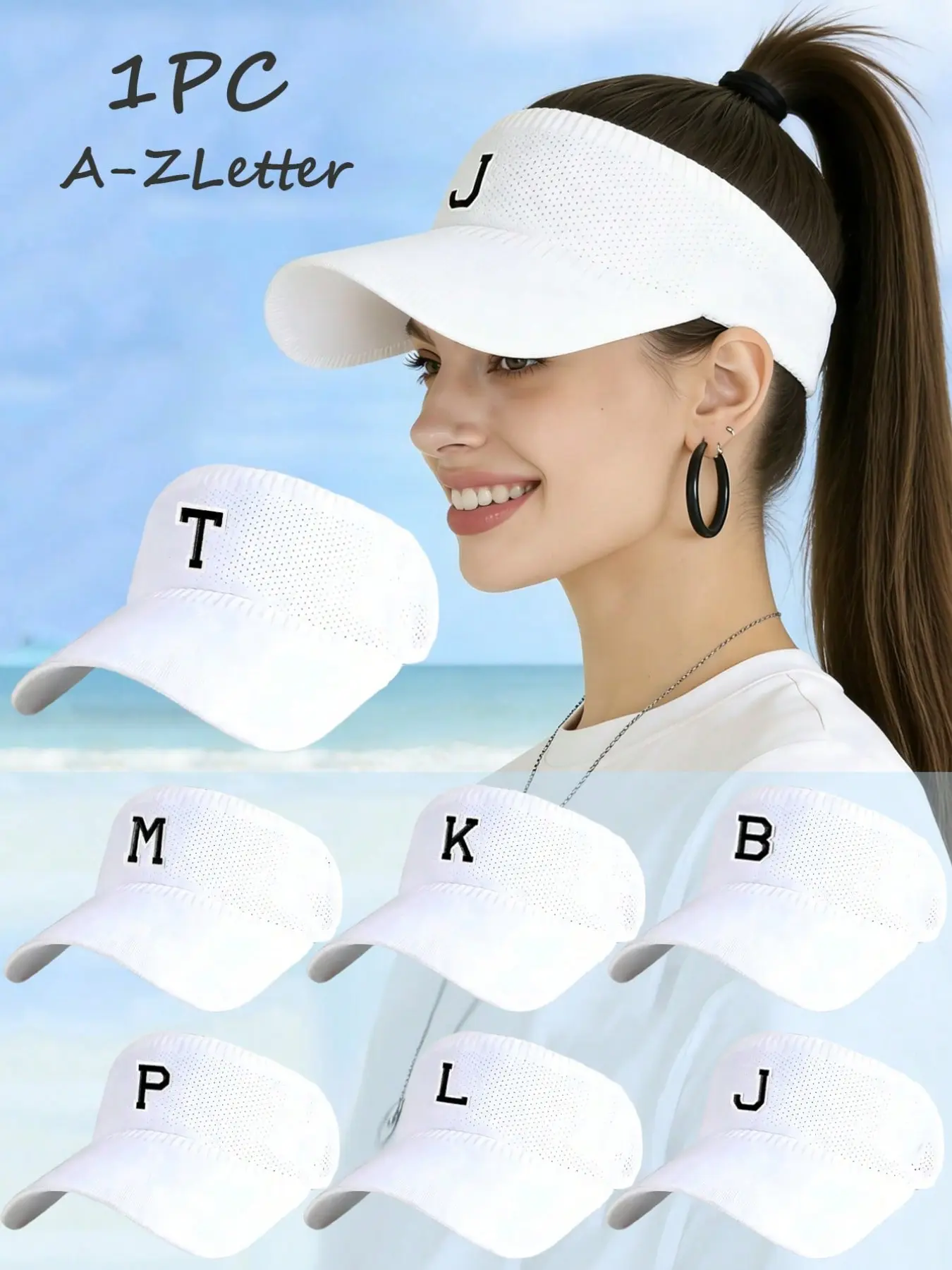 A-Z Letter Embroidered Sun Visor Hat for Women Men, Breathable Mesh Empty Top Cap, Adjustable Sports Tennis Golf Hat