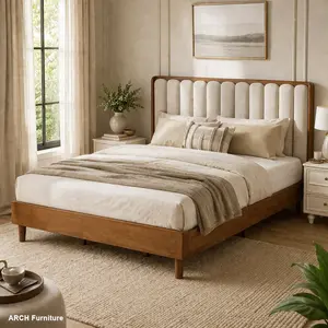 Minimalist Arch King Size Solid Wood Bed Frame - Piano Key Style Padded Upholstered Headboard, Strengthened with 10 Slats, Wheat Finish, Bedroom Aesthetic Decor (Old Sku W504S00258) | Bed Frame King Size, King Size Bed Frame