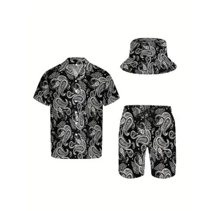 3pcs Men'S Hawaiian Shirt And Short Set, Classic Paisley Floral Soft Fabric Breathable Shirt Button Short Sleeve Casual Beach Shirts Outfits With Bucket Hats