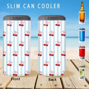 1pc/12oz/350ml,Slim Can Cooler,Insulators,Doucle-Walled Stainless Steel Insulated Slim Cans,2-in-1 Insulated Can Cooler Cup,Cherry Patterned Design,Surprise Birthday And Christmas Gifts For Family And Friends,holiday party supplies