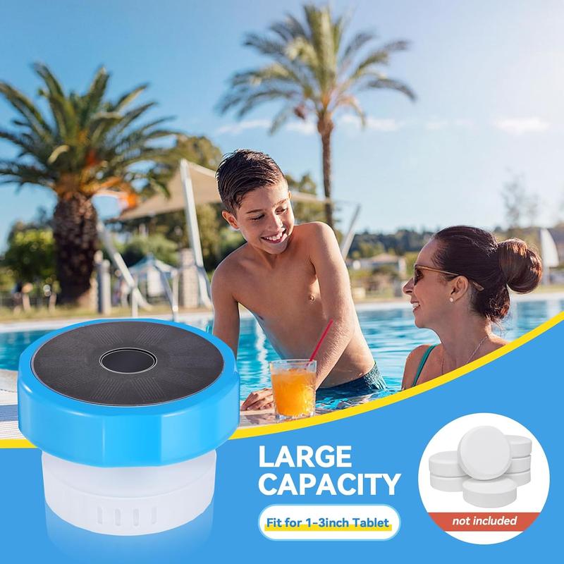 Pool Chlorine Floater with Temperature Display, Floating Chlorine Dispenser Fit for 1" and 3" Tablets Solar Charging,Anti-Sinking Dispenser for Pond Spa Hot Tub Floating Opening Blue