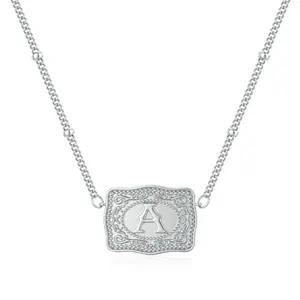 Titanium Steel Rhodium-Plated Initial Letter Pendant Necklace with Embossed Belt Buckle, Personalized Pendant Necklace for Women
