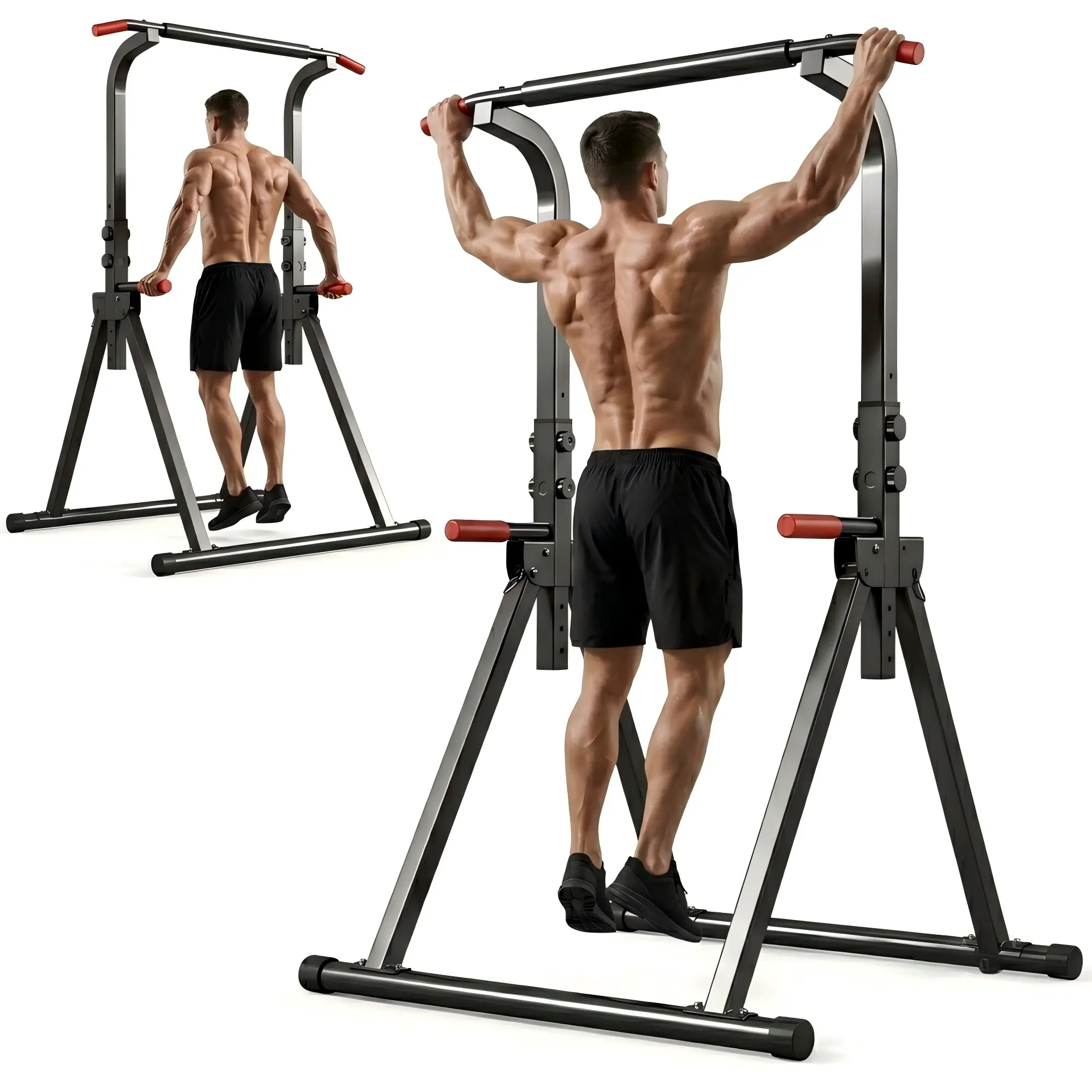 Foldable Pull Up Bar Standing Power Tower - Multi-Function Dip Station, 6-Level Adjustable Height Strength Training Fitness Equipment for Home Gym, 440lbs Max