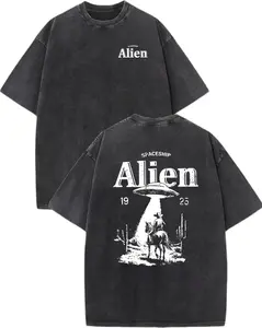Alien Spaceship Cowboy 1925 Vintage Washed Graphic T-Shirt, Retro Western UFO Oversized Streetwear Tee