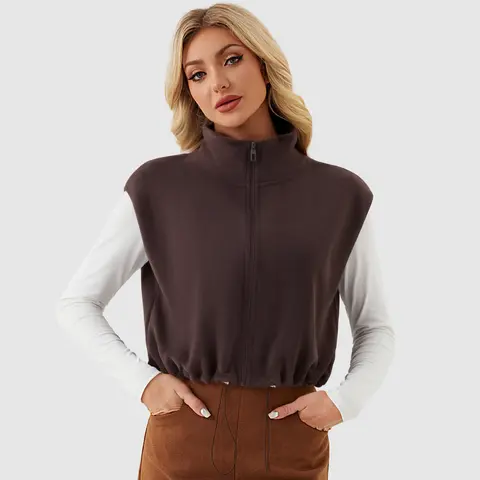 YUCOLEN Women's Fitted Cropped Sherpa Fleece Vest - Superlight Thermal Overlay, Polyester Spandex Stand Collar, Full Zipper, Drawstring Comfortable Top, Sleeveless Zip-Front Women's Vests