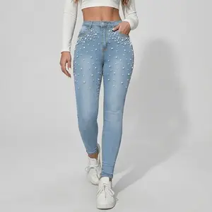 Women's High-Waisted Skinny Jeans - Elegant Light Wash Denim with Pearl Embellishments, Sexy Slim Fit for Lady