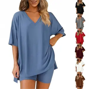 Women's 2 Piece Lounge Set Casual V Neck Oversized T Shirt and Biker Shorts Pajamas Tracksuit Summer Sleepwear