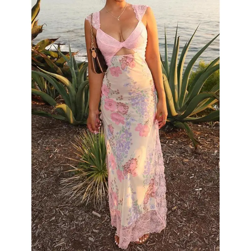 Summer Floral Print Deep V Halter Tie Split Maxi Dress - TikTok Shop
