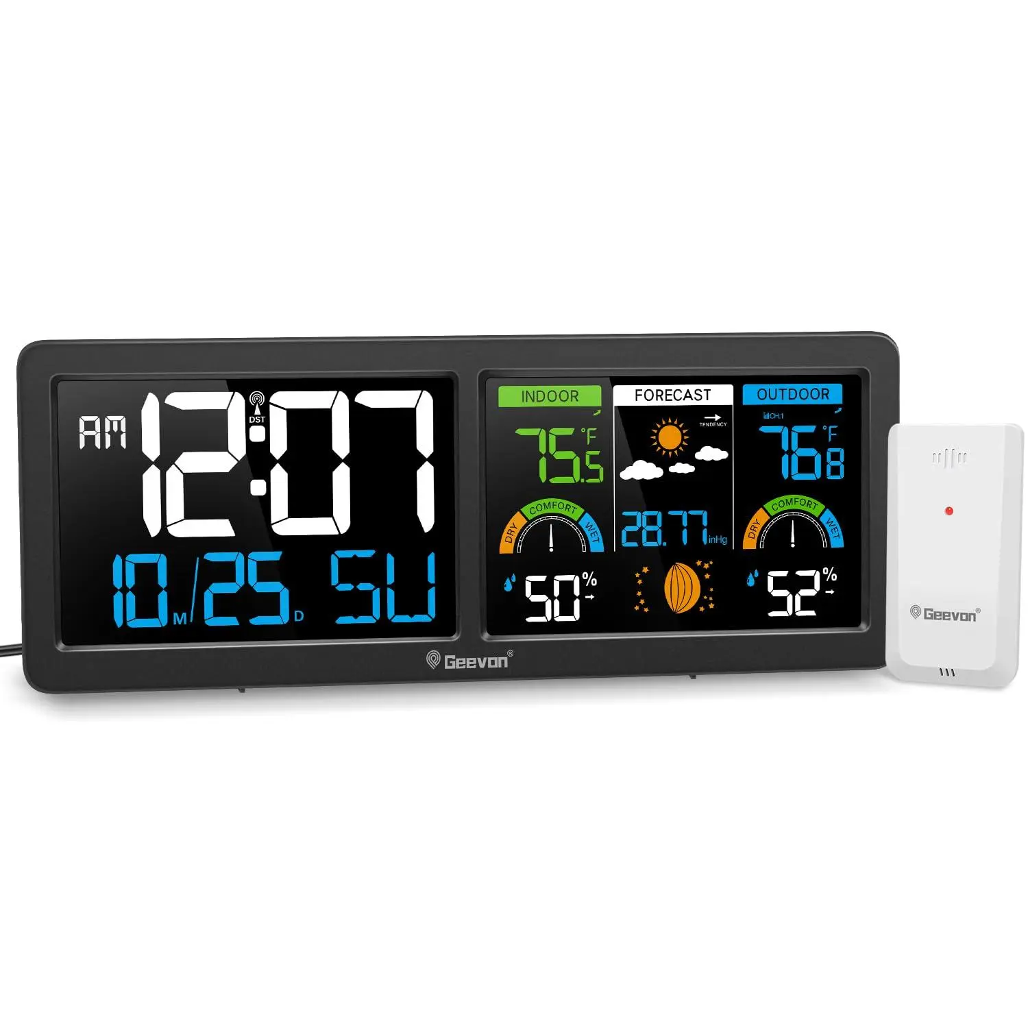 Weather Stations Wireless Indoor Outdoor Thermometer with Atomic Clock, HD Color Display Digital Temperature Humidity Monitor with Barometer, Comfort Indicator, and Adjustable Backlight