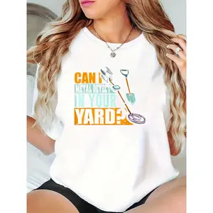 Women's White "Can I Metal Detect In Your Yard?" Metal Detecting Tools Graphic T-Shirt, Casual Outdoor Hobby Tee for Metal Detector Enthusiasts & Treasure Hunters