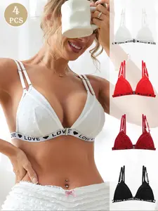 Heart Letter Design Wireless Bra Set, Double Layer Triangle Cups, No Underwire, Comfortable Fit Women's Lingerie, Pack of 4, Womenswear