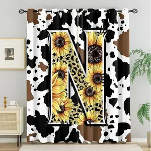 Two Pieces of Curtains Modern Boho Cow Print Curtains 2pcs, Featuring Vibrant Sunflower and Leopard Print 26 Letter Design, Black and White Rustic Farmhouse Style, Premium Soft Fabric for Living Room Bedroom Decor, Stylish Animal Pattern Home Gift