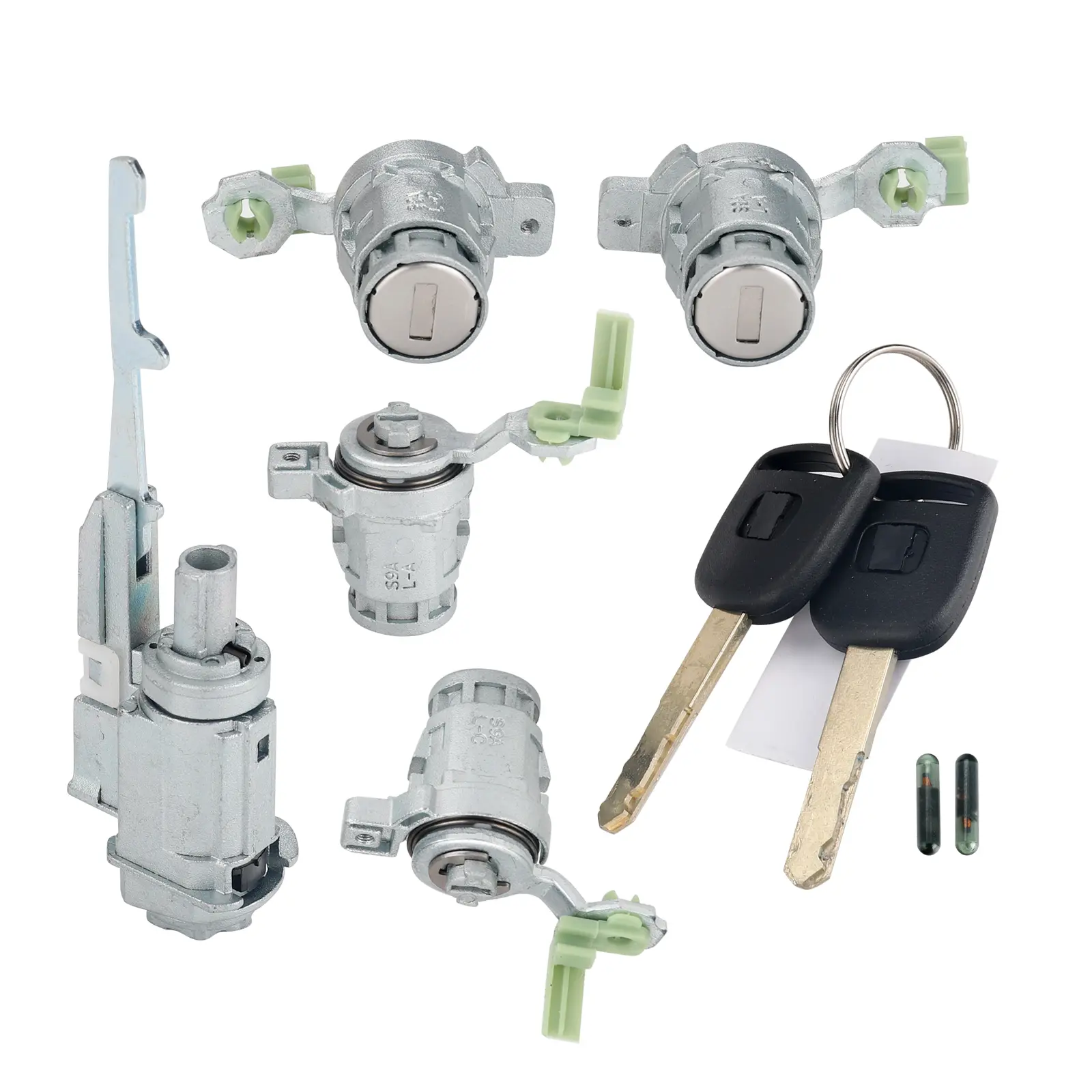 3mirrors Auto Lock Accessories Kit - Ignition + Doors Components (1 Switch Cylinder, 4 Door Cylinders, 2 Keys, Key Chips) for Honda Civic CR-V Element S2000 (72146-S73-003, 06351-TE0-A11) Cars Accessories