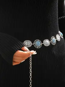 Vintage Weathered Natural Texture Stone Waist Chain, Silver Color Embossed Floral Design, Ethnic Style Fashion Accessory, Unique Belt Decor, Textured Belt