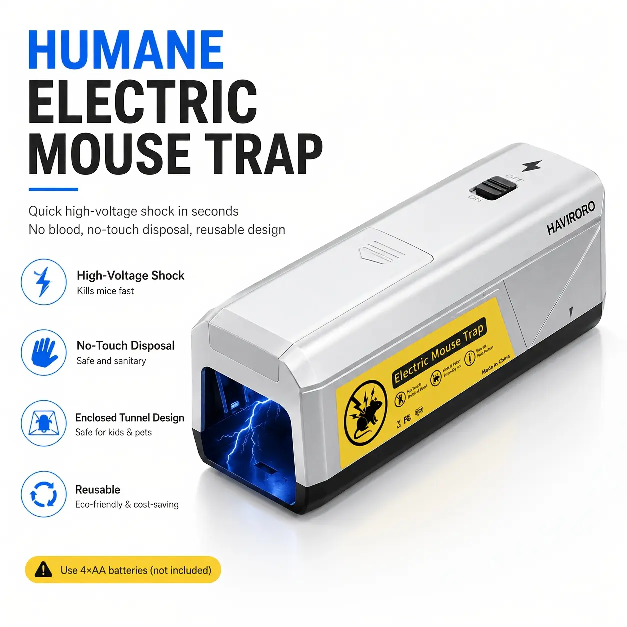 Electric Mouse Trap 2800V With 2 Replaceable Bases, High-Voltage Instant Control Device, No-Touch Electronic Catcher For Indoor Kitchen Garage, Reusable & Sanitary