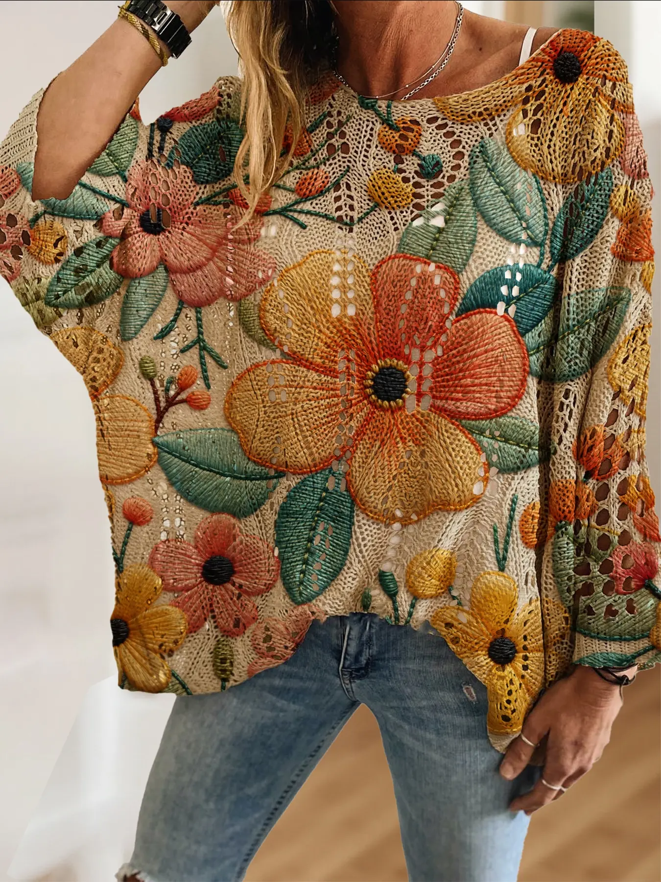 Women's Embroidered Floral Colorblock Knit Top Boho Floral Print, Casual Elegant Vacation Style, Comfortable Breathable Loose Fit, Spring Summer Fall Fashion, Womenswear