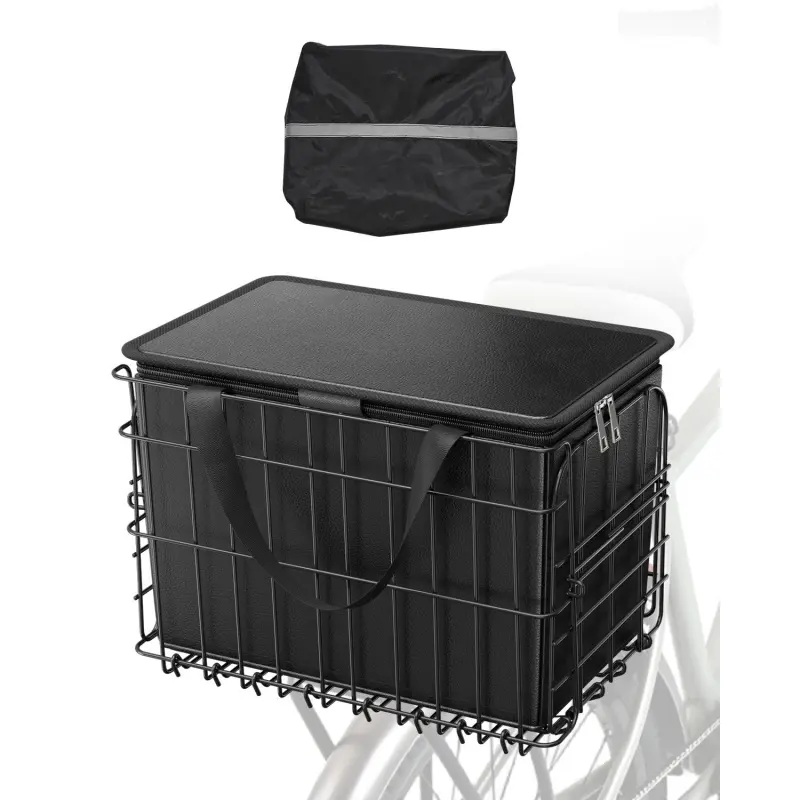 VEVOR Rear Bike Basket, Folding Wire Bicycle Basket with Cargo Net, Removable Liner Bag & Waterproof Cover, Quick Release Design Bike Basket for Adult Women/Men Carrying Dogs Pets Fruit & GrocerySummervibes