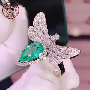 Vintage Luxury S925 Silver Elegant Water Drop Dragonfly Statement Women'S Banquet Rings Jewelry Gift