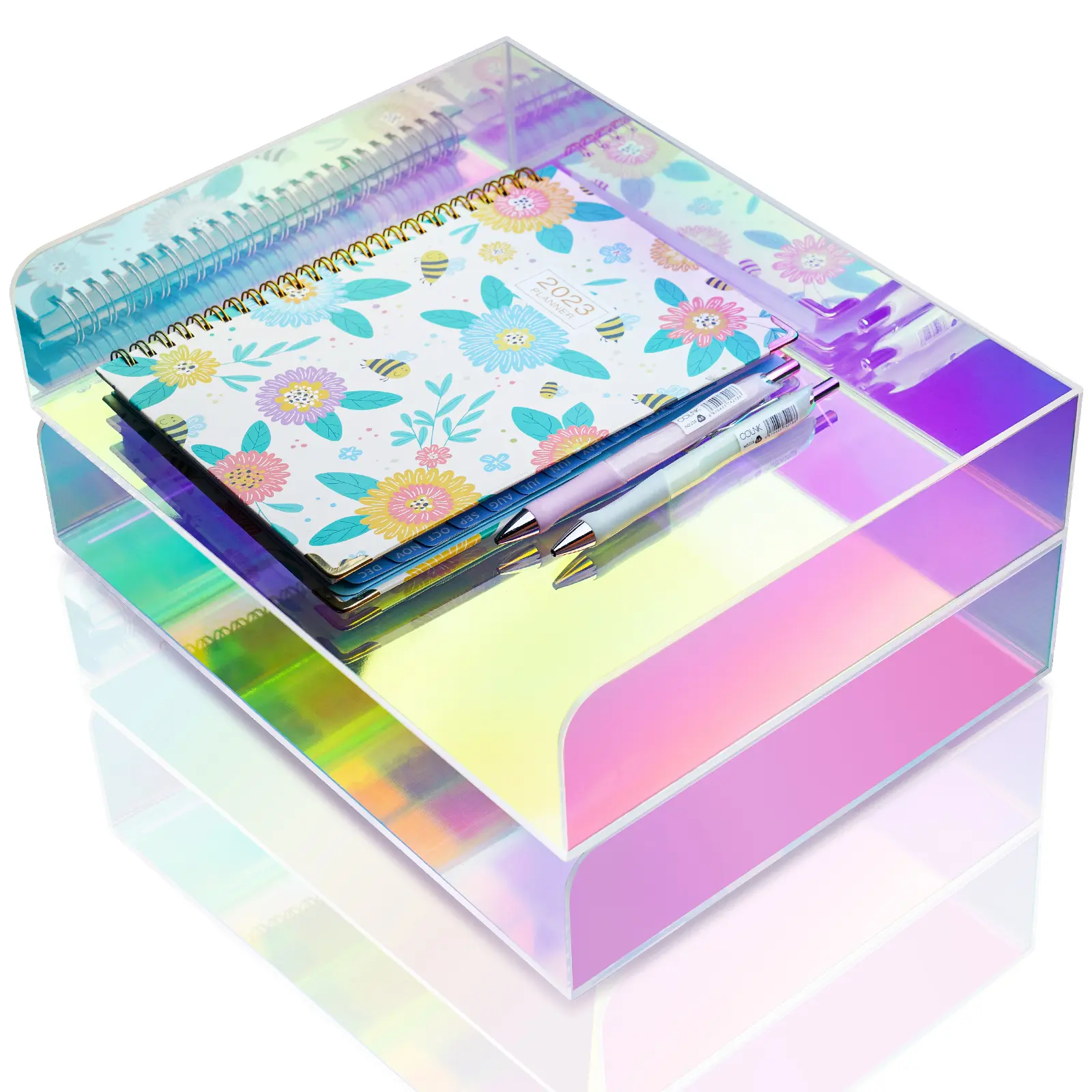 2-Tier Iridescent Transparent Acrylic Letter Tray - Stackable Organizer for Desk with Rainbow Decor, Bottom Bar Design, Office Supplies for ADHD Storage, Cabinet Organization Needs