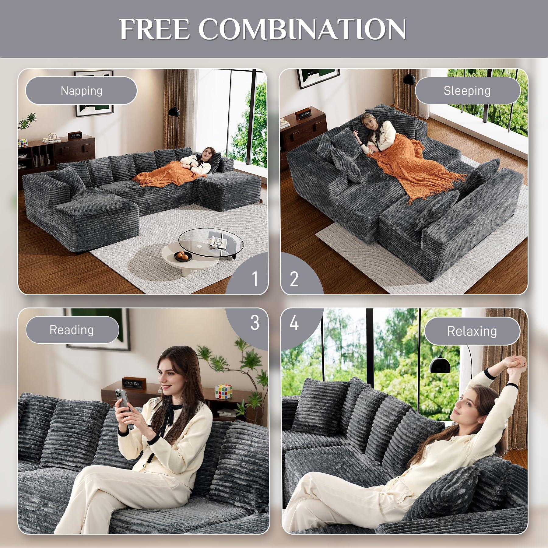 #TikTokShopDealsforYouDays【3 Packages Shipping】Modular Sectional Sofa Cloud Couch 131" Black Boneless Sectional Couches for Living Room Comfy Deep Seat Plush Corduroy Sofa Modern Fluffy Memory Foam U Shape Couch with Chaise Lounge Modular Sectional Couch