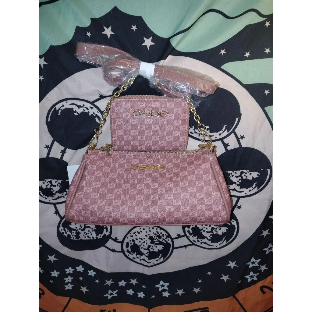 Bebe Checkered Handbag with Gold Chain Strap and Matching Wallet, Pink
