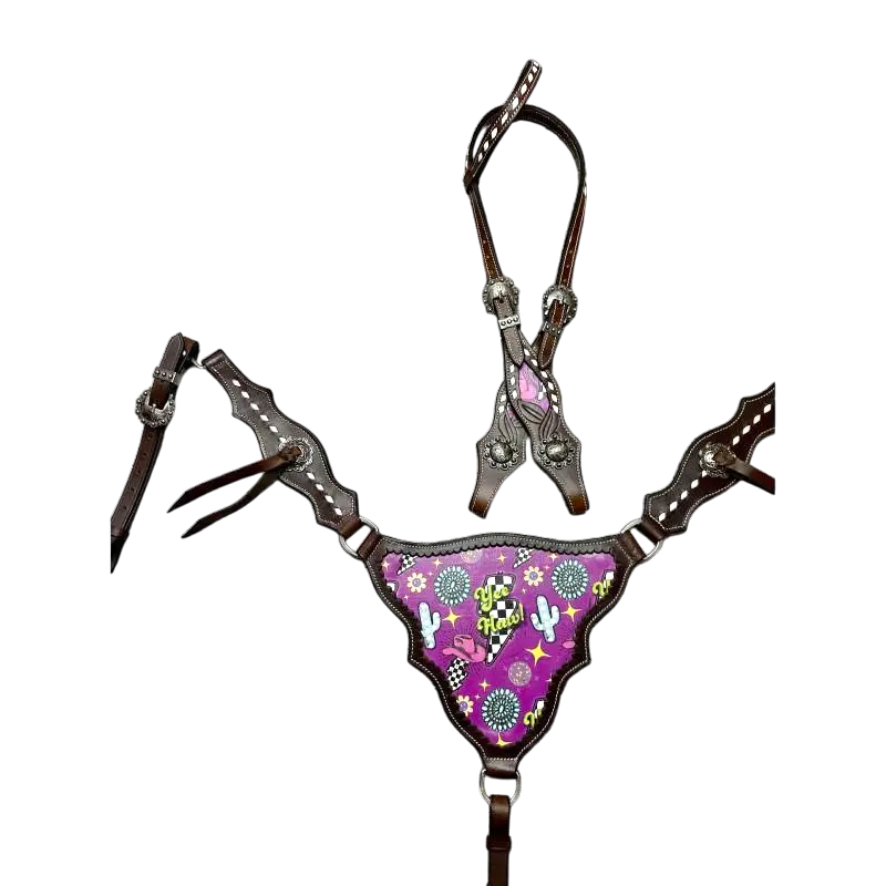 Schulz Equine Neon Yeehaw Headstall & Breast Collar Tack Set Dark Oil Leather 3-Piece with White Buck Stitch & Slotted Conchos for Stylish Tacking