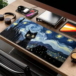 Abstract Art Mouse Pad, Van Gogh Starry Night Design, Cat Pattern, Large Gaming Mat, Suitable for Esports and Office, Rubber Base, Polyester Material