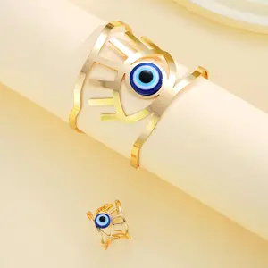 2Pcs/Set Evil Eyes Blue Eye Resin Bracelets Rings For Women Men Fashion Gold Silver Color Open Adjustable Unisex Jewelry Sets