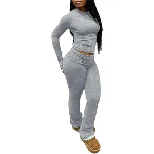 Women's 2 Piece Lounge Sets Crop High Wasit Foldover Flare Leggings Pants Casual Workout Outfits Tracksuit
