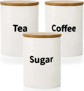 3 Pack Ceramic Kitchen Canister Set, 29oz Airtight  Storage Jars with  ,  Coffee Sugar Container Set for Counter, Kitchen Decor